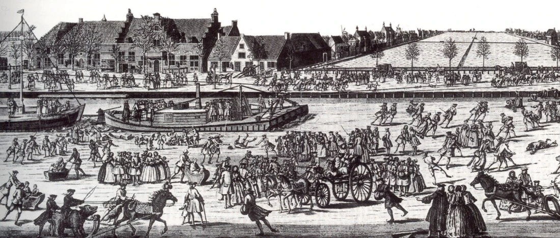 ijsbreker met waterschuiten in Amstel ter hoogte van De IJsbreker (1730)