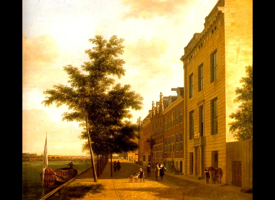 Amstel 216 Huis met de Bloedvlekken twee dochters van Gijsbert Dommer staan op het balkon en vier zonen op straat. Zij zijn de erfgenamen (1685)