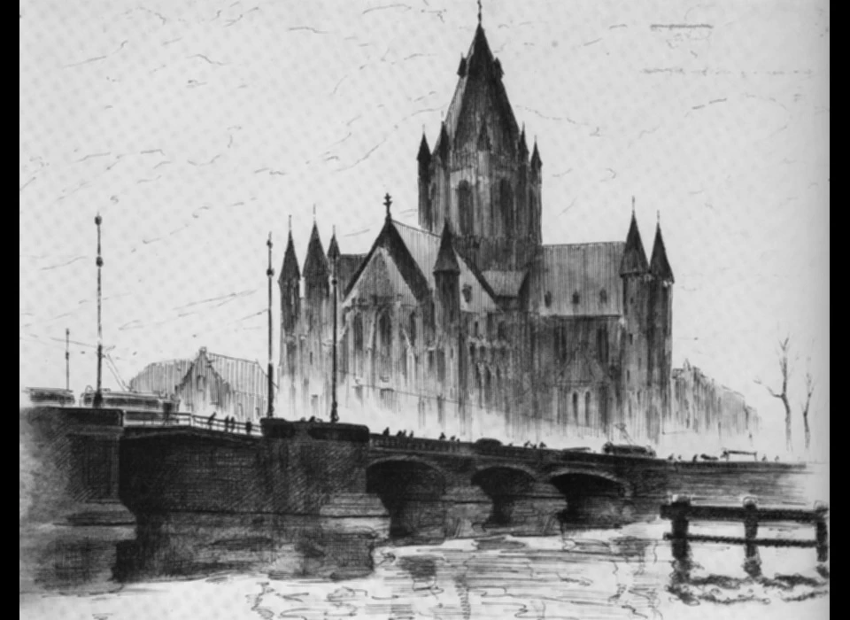 Amsteldijk 36 Sint Willibrorduskerk vanaf Weesperzijde pentekening (Jan Sluyters) (1942)