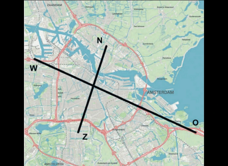 Kaart Amsterdam met N-Z-as en O-W-as