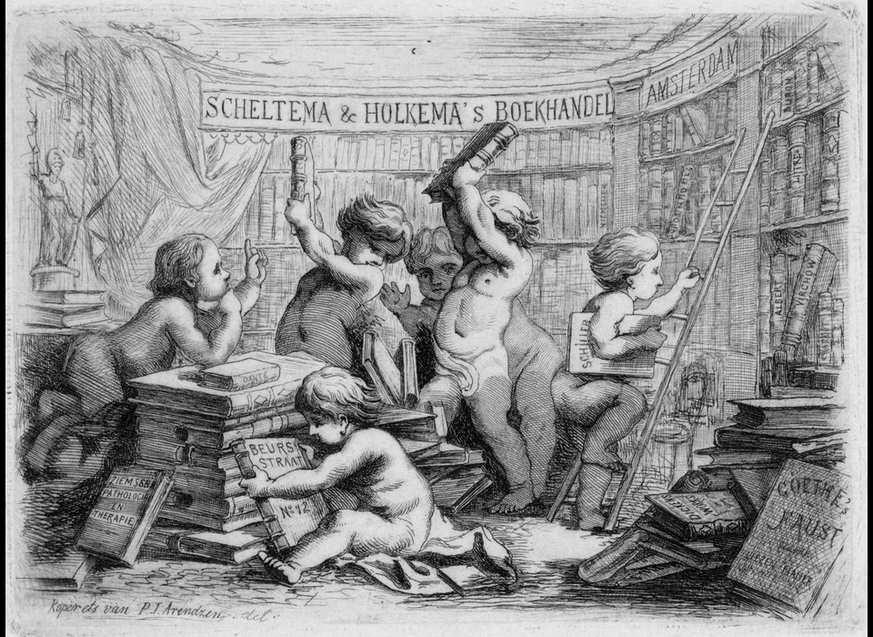 Beursstraat 12, Promotiekaart Scheltema en Holkema's Boekhandel met voorstelling van met boeken spelende putti in de boekwinkel. Ets door P.J.Arendzen. (ca.1885)