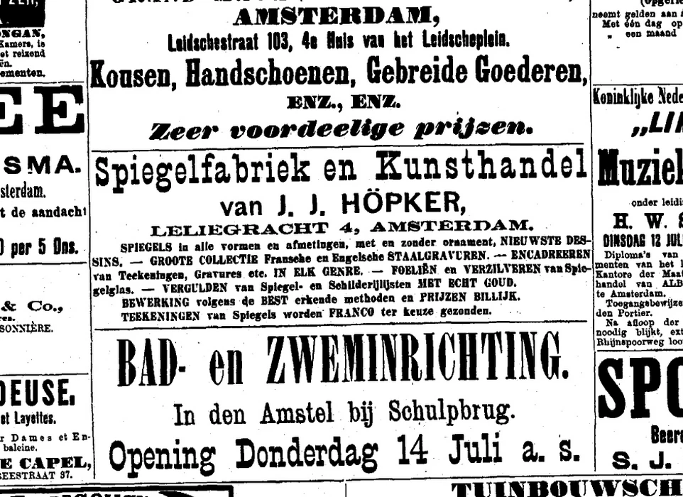 Advertentie van J.J.Höpker in De Amsterdammer. Hij was toen nog gevestigd aan de Leliegracht 4. (1881)