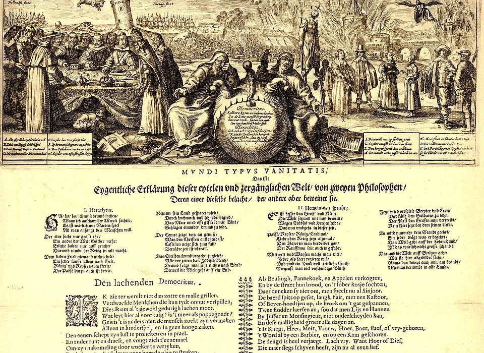 Detail drukwerk door Jan van Hilten (1650). 'Mvndi Typvs Vanitatis, den lachenden Democritus, den schreyenden Heraclitus'