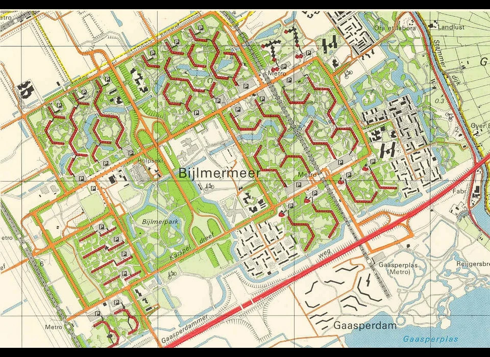 de donkerrode lijnen geven de hoogbouwflats aan.