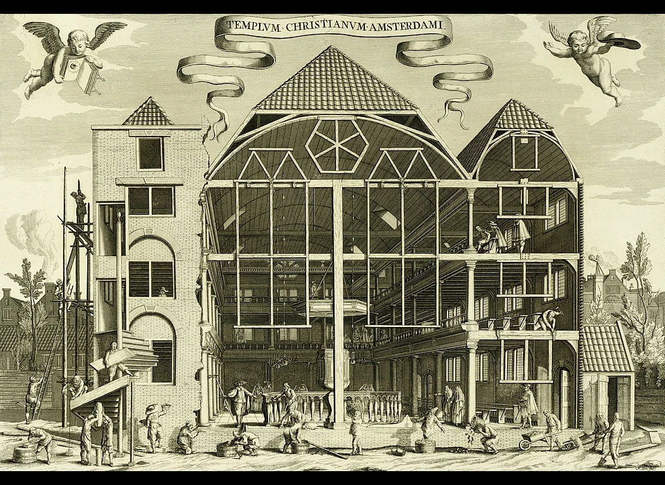 Keizersgracht 102 bouw Remonstrantse kerk in 1631 selectie van de betrokken bouwlieden (F.Brun)