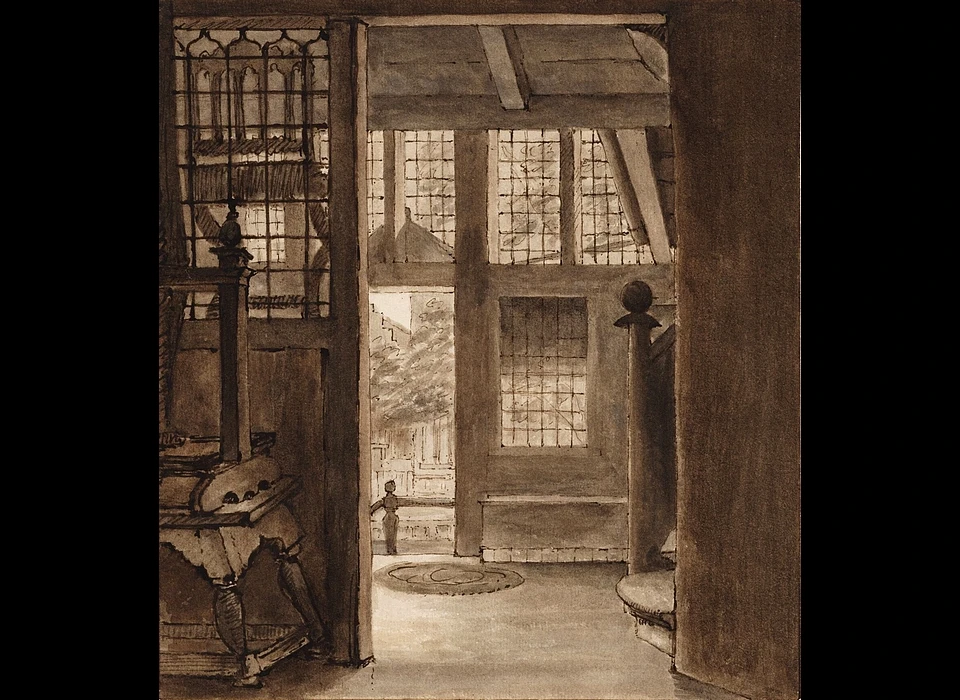 Interieur woonhuis G.Lamberts aan de Bloemgracht 13. Gezicht vanuit de binnenhaard in het woonhuis en door de houten pui met openstaande deur naar buiten. In het voorhuis zijn naast de trap en de koekoek, 
					  voor lichtinval in het souterrain, twee hangkamers zichtbaar. Een tegen de binnenhaard en een tegen de bouwmuur aan. (G.Lamberts circa.1815)