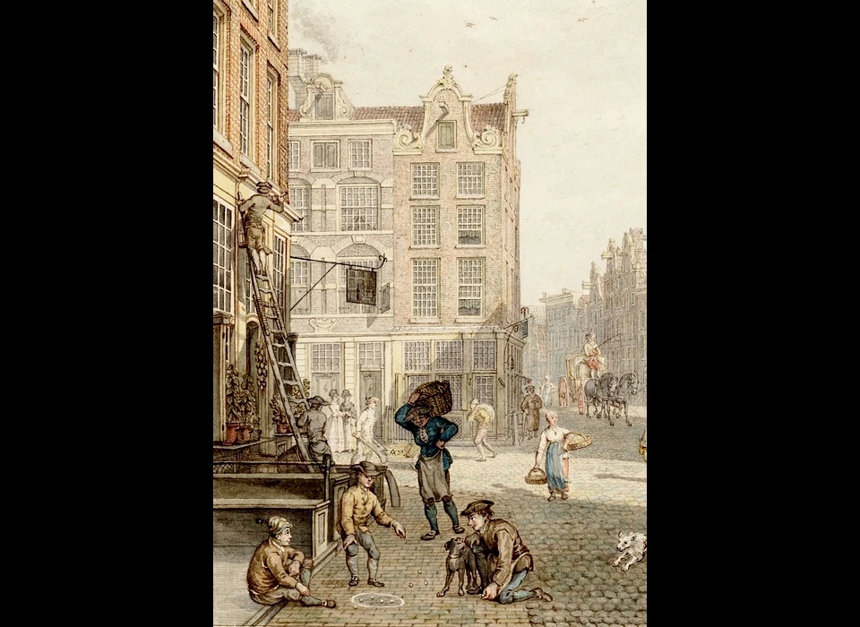 In de Kalverstraat bij de Munt is de schilder op een ladder aan het werk (H.P.Schouten 1779)