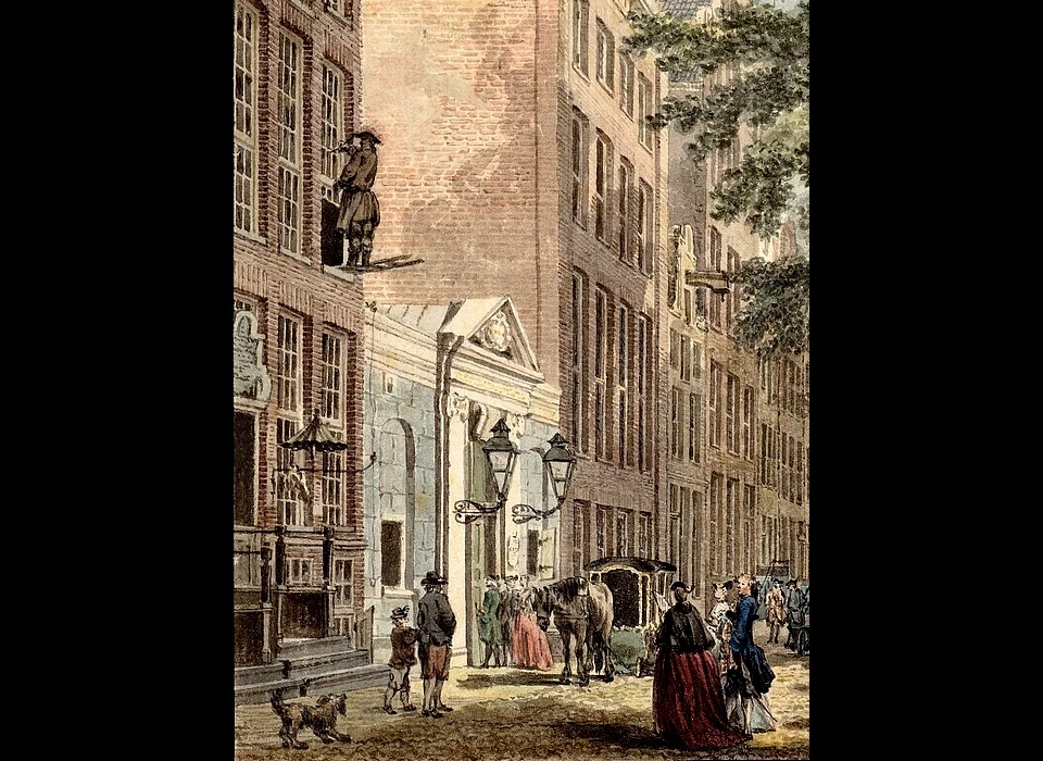 Voor het buitenwerk maakte de schilder gebruik van een uitsteeksteigertje (Keizersgracht 386, 1762, Reinier Vinkeles)