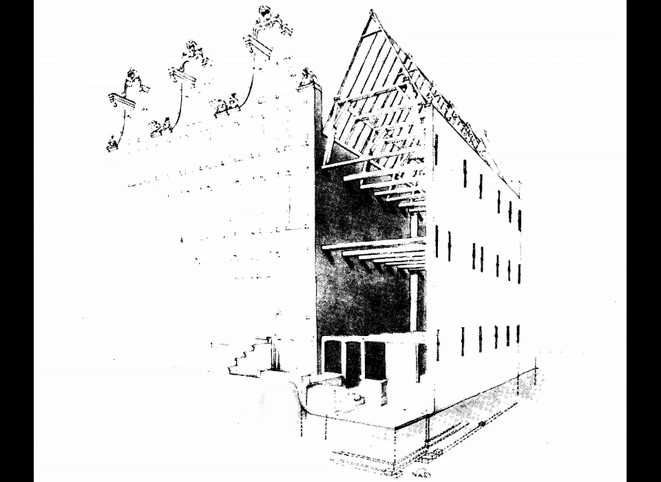 Lange Leidsedwarsstraat 148. De kap is gesteld en onder de muurplaat is de bouwmuur op de vereiste hoogte gebracht.