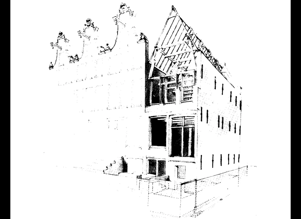 Lange Leidsedwarsstraat 148. Voor het opmetselen van de voorgevel worden eerst de kozijnen gesteld (op de verdieping).