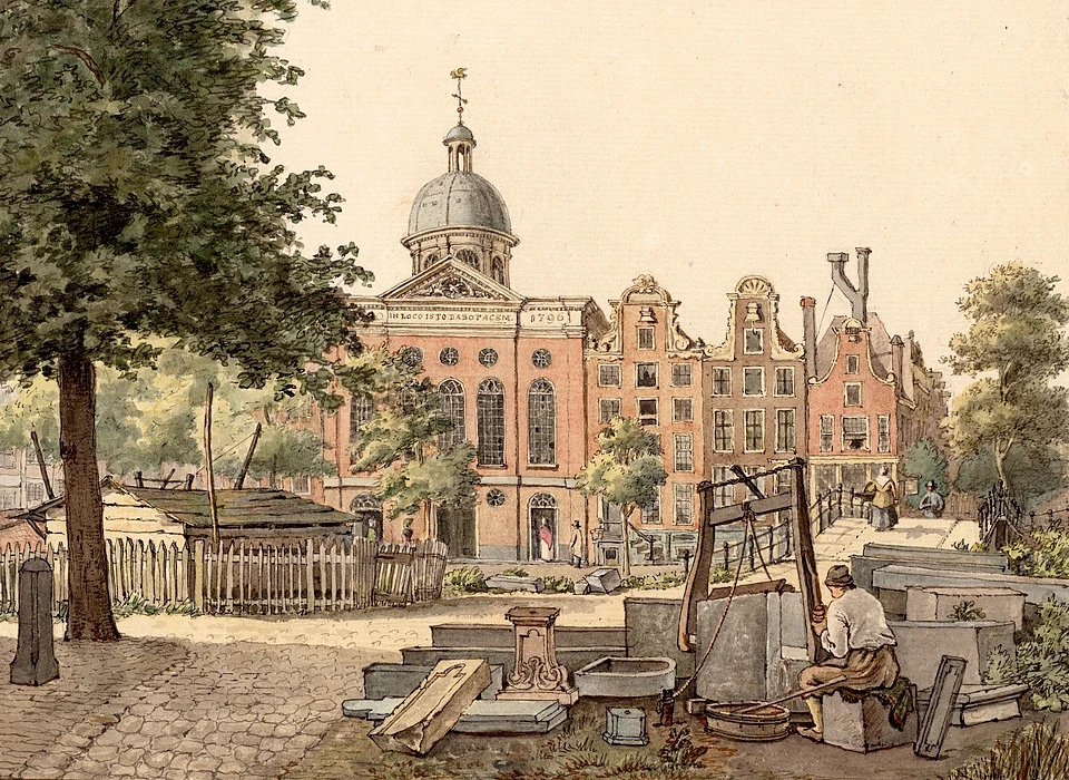 Amstelveld hoek Reguliersgracht, Blauwsteenmarkt steenhouwerij (Gerrit Lamberts 1816)
