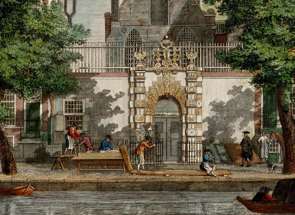 Oudezijds Voorburgwal 227-235 timmerlieden aan het werk bij het Atheneum Illustre (H.P.Schouten 1770)