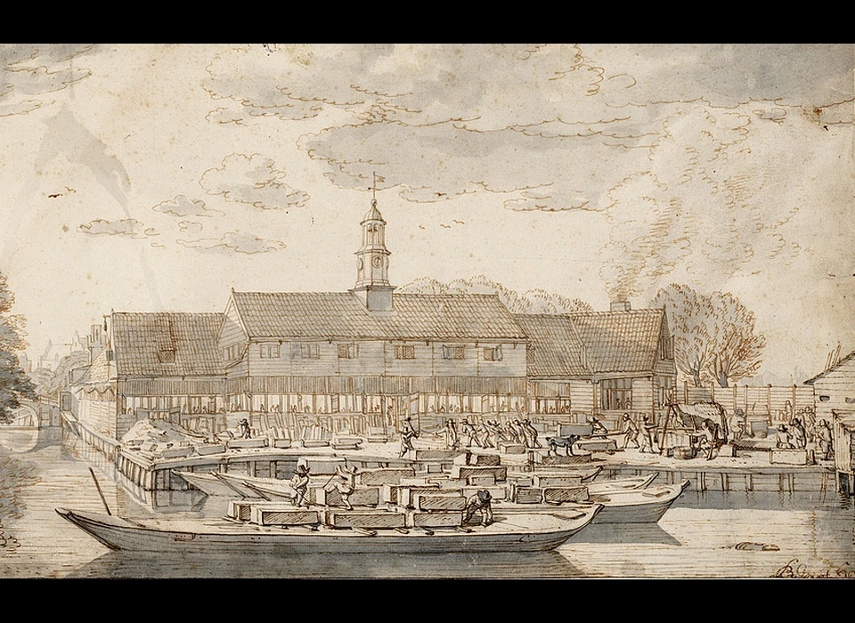 Keizersgracht ter hoogte van 419, steenhouwers op de Stadssteenhouwerij (Barend Graat 1652)