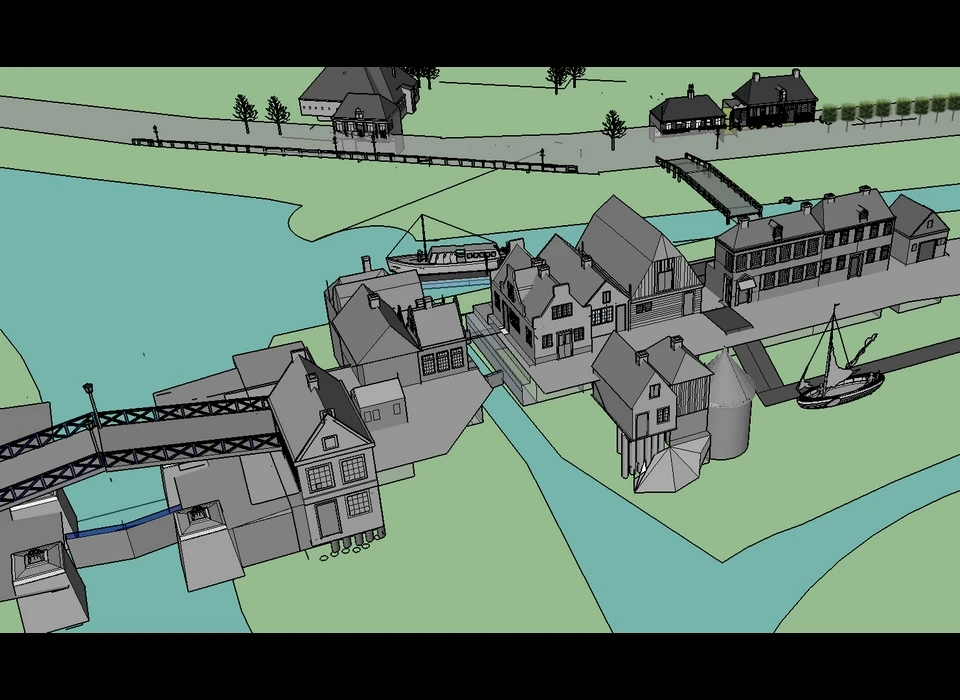Buiksloterdijk impressie van de situatie omstreeks 1820. Rechts van de 'oude keersluis' het huis 254, toen nog A13. Links de nieuwe keersluis.