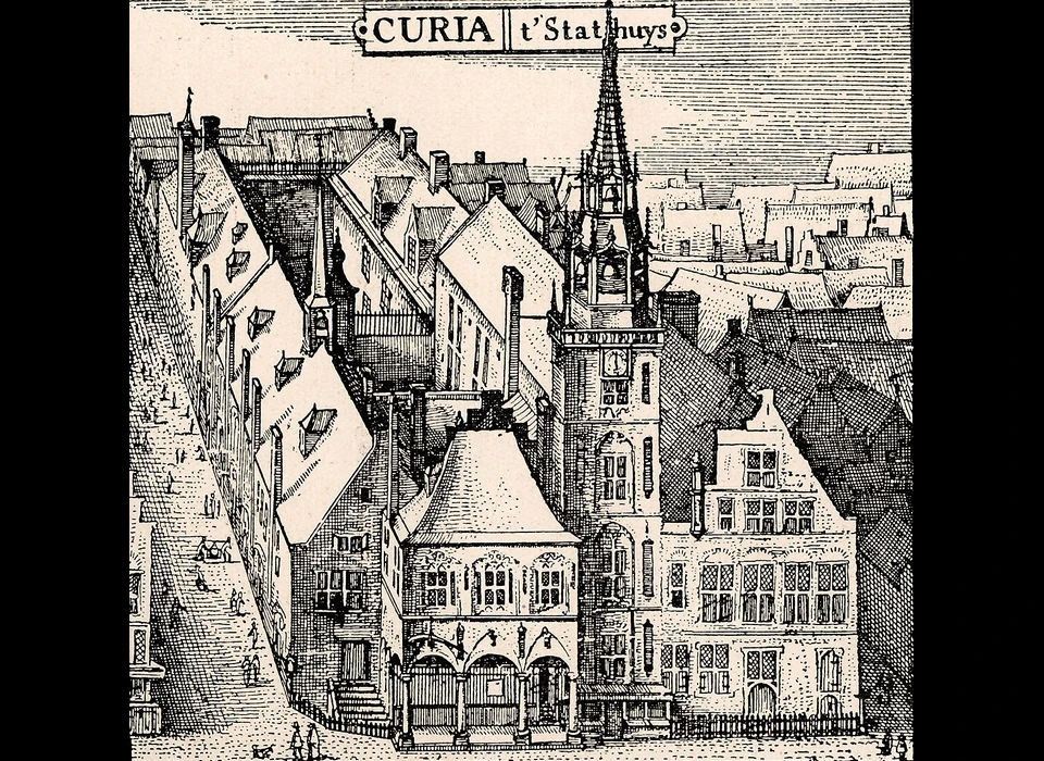 Dam vrnl stadhuis met toren, Vierschaar en voormalig Elisabethgasthuis, in 1492 bij het stadhuis gevoegd (tekening C.J.Visscher 1610)
