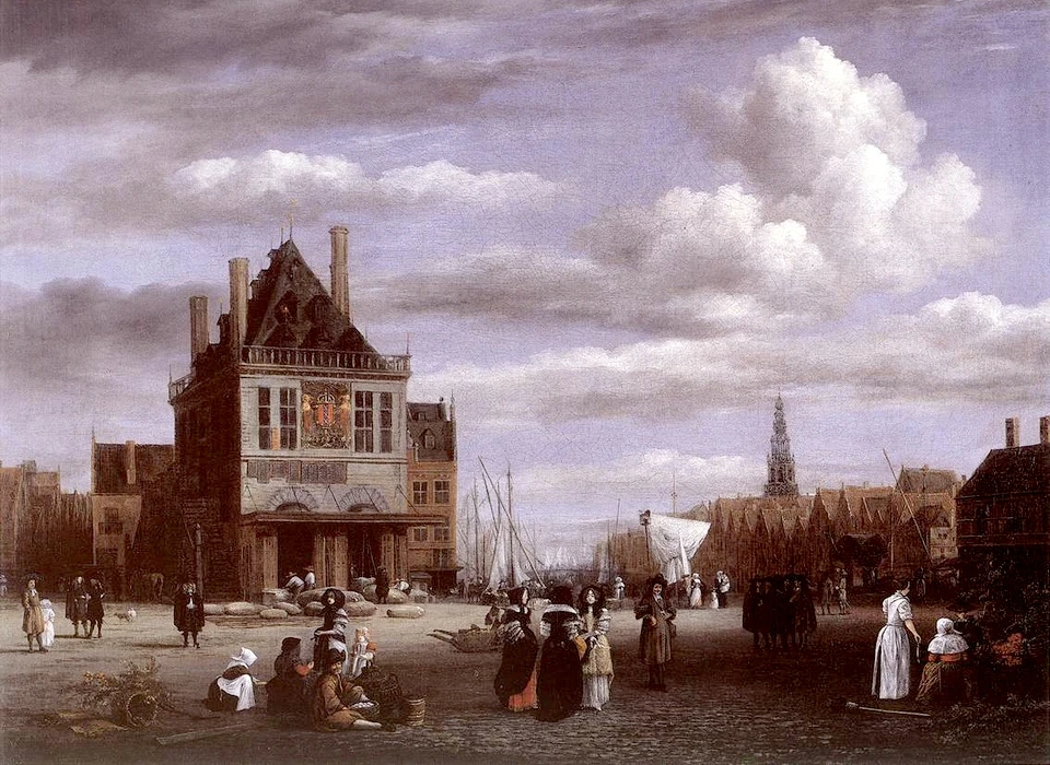 Dam met Tweede Waag gezien vanaf Kalverstraat naar Damrak (Ruysdael, 1670)