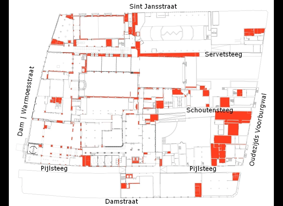 situatieschets van de ongebruikte (rood gemarkeerde) tussenruimten in het bouwblok van Krasnapolsky (2017)