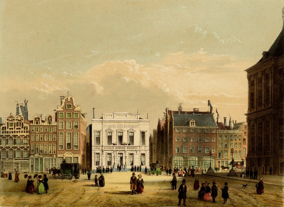 Dam 10-16 links van Kalverstraat Café Restaurant Mulder, links van Café Restaurant Mulder de Kromelleboogsteeg (Corn.Springer)  (ca.1850)