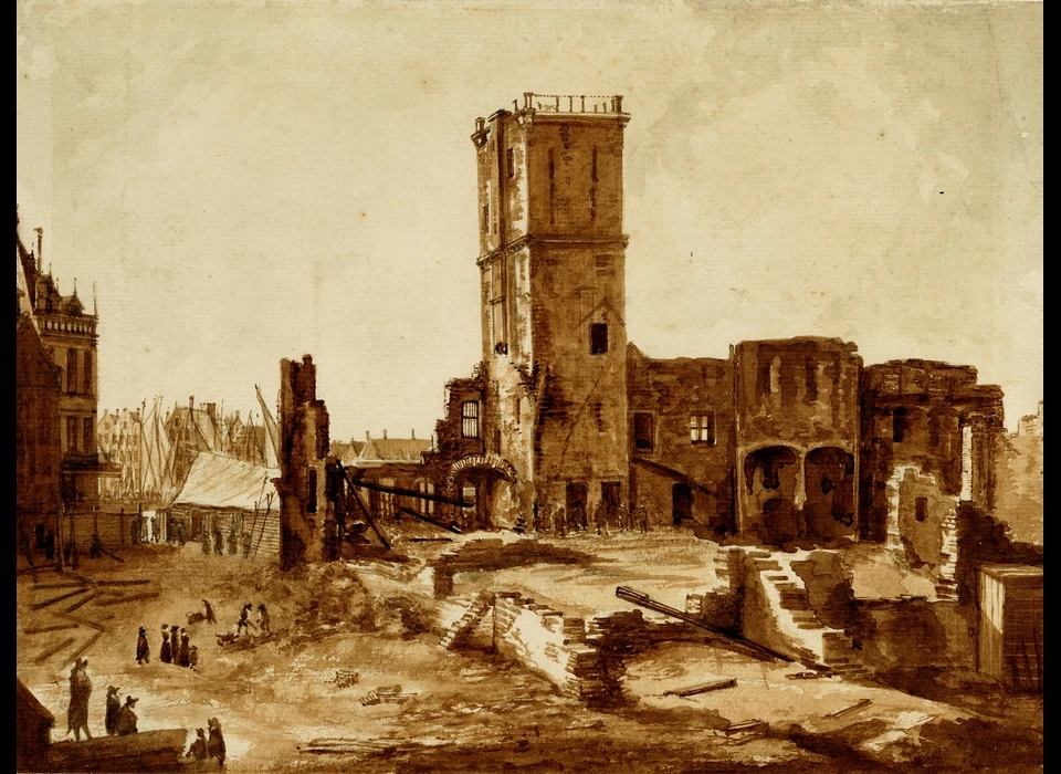 Dam 1652 ruïne na de brand in het stadhuis (tekening ca.1810)
