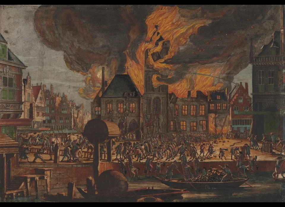 Dam 1652 afbranden van het stadhuis (Jan van der Heyden, 1690)