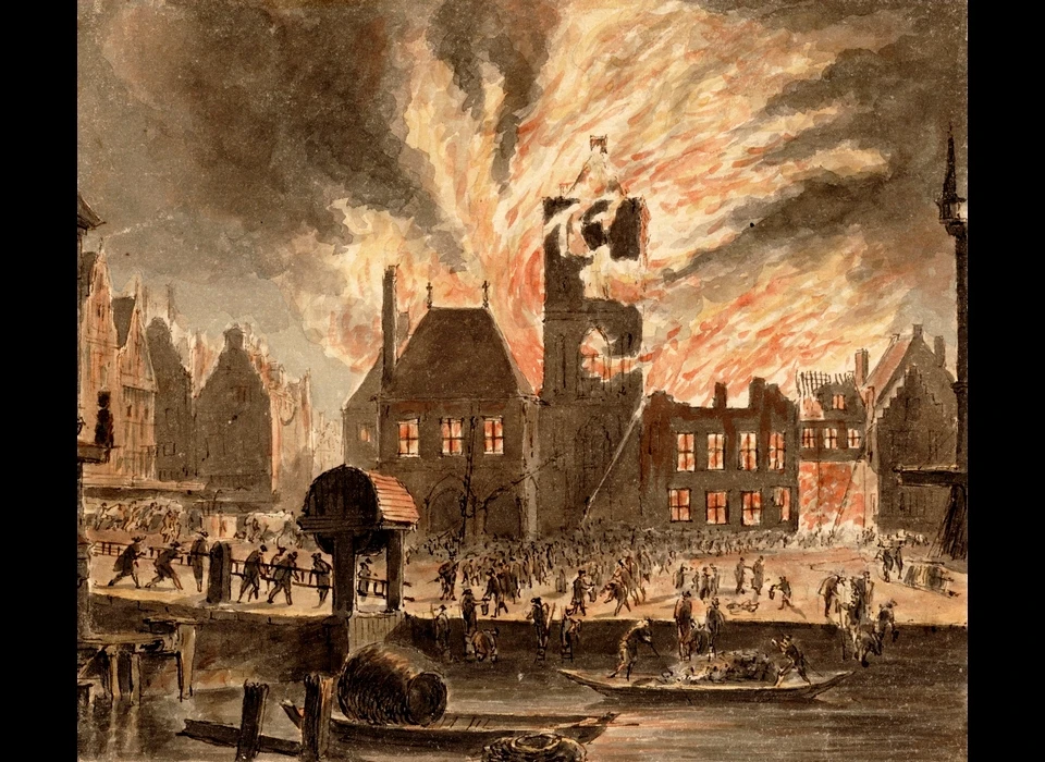 Dam 1652 afbranden van het stadhuis (Hendrik Spilman, tekening ca.1750)