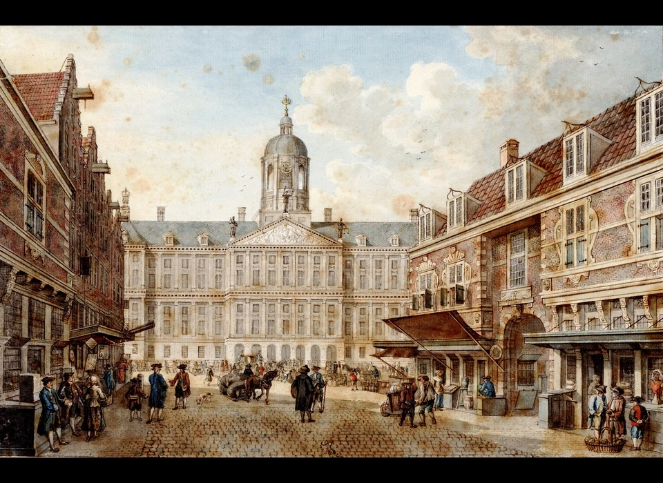 Vijgendan 2-12 (links) en zicht op het Stadhuis. Rechts de zijgevel van het Huis onder 't Zeil en de Kleine Vispoort. (J.de Beijer 1770)