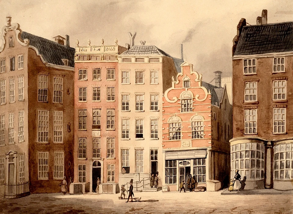 Dam 10 Drie panden op de hoek met de Kalverstraat die in 1838 plaats maakten voor sociëteit De Vriendschap, het latere gebouw Zeemanhoop (ca.1830)