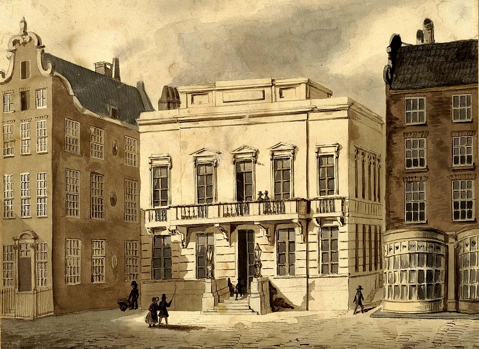 Dam 10 nieuwbouw voor Sociëteit De Vriendschap door J.P.Hitchcock, later café en van 1863 tot 1914 Collegie Zeemans-Hoop. In 1914 is het gebouw gesloopt. (tekening G.F.Bergveld 1847)