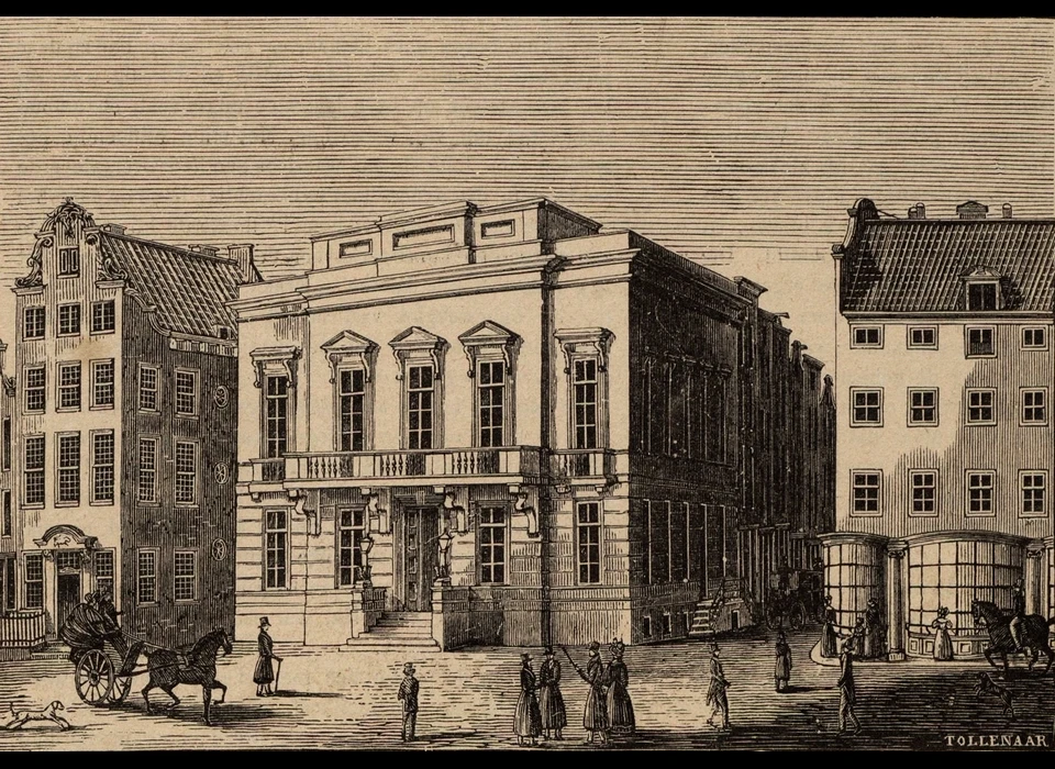 Dam 10 voorheen sociëteit De Vriendschap daarna Grand Café Mulder nu Zeemanshoop (tekening Dirk Wijbrand Tollenaar Wz. ca.1865)