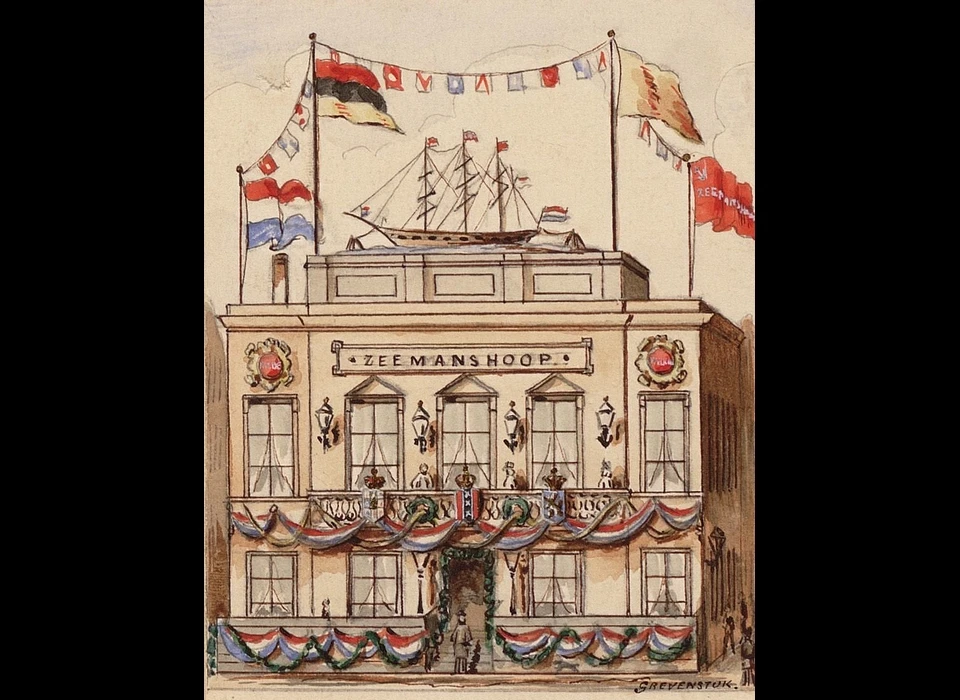 Dam 10 Gebouw Zeemanshoop versierd voor huwelijk van Koning Willem III. (tekening gebroeders Grevenstuk 1879)
