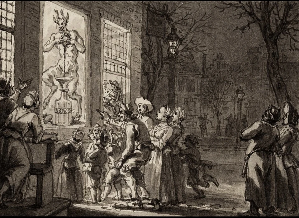 Warmoesstraat De schilder Bugge maakte op de dag van de dood van Raap een chassinet (transparante schildering) voor één van zijn ramen van zijn huis. (1754)