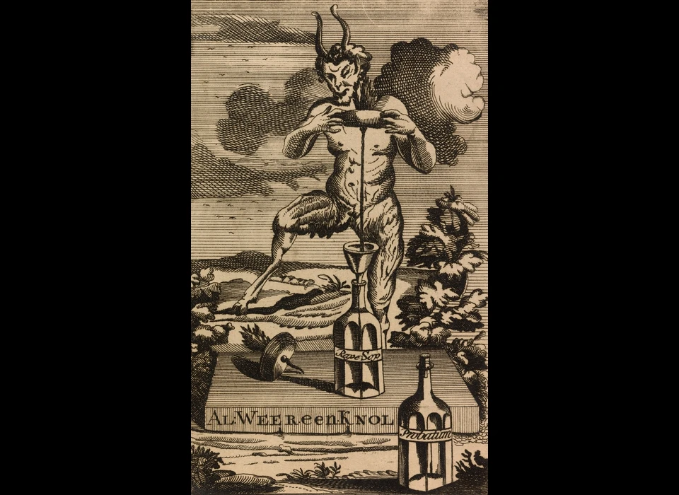 Warmoesstraat Het stelt een duivel voor die in zijn klauwen een raap fijnperst; het sap komt in een fles, waarop het opschrift: 'Raapesop'. De vertoning van het chassinet werd enige avonden achter elkaar herhaald, maar uiteindelijk van hoger hand verboden. (1754)