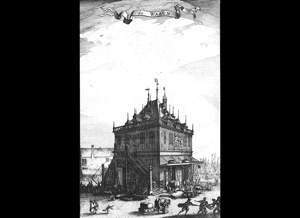 Dam met oude stadhuis en de Tweede Waag (Claes Jansz. Visscher, ca.1605)