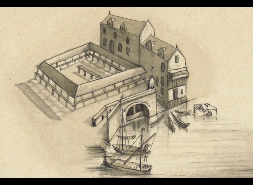 Middeldam damsluis met deel bebouwing (ca.1540 tekening van later datum)