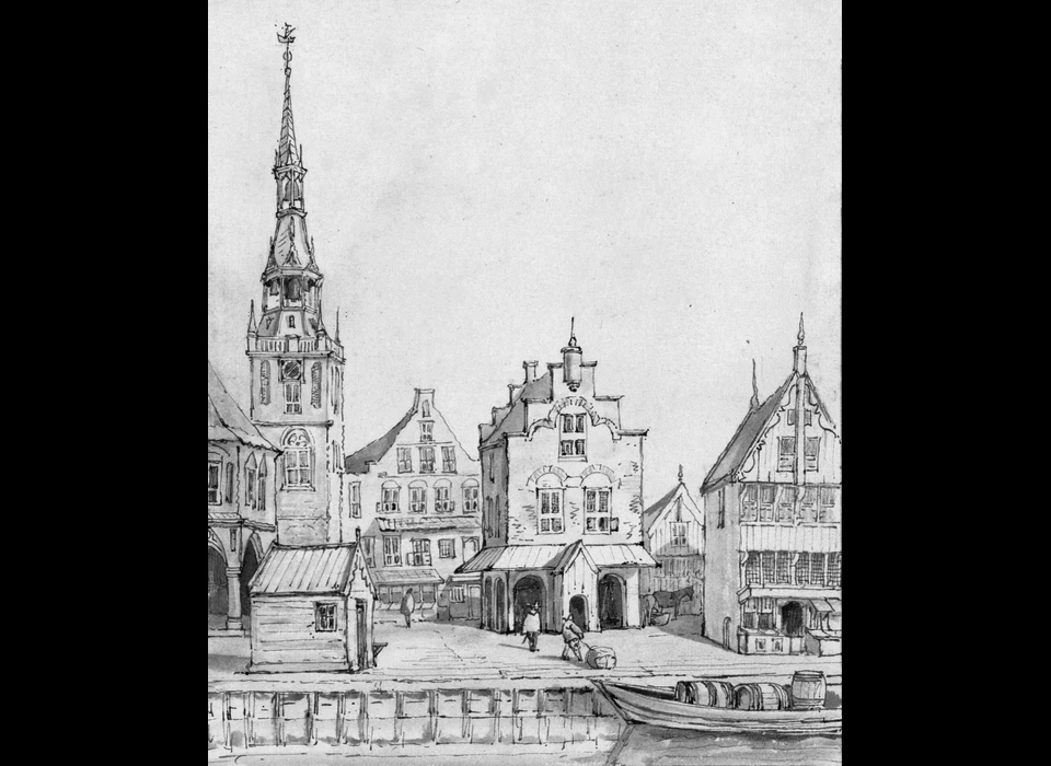 Dam met eerste Waag, historiserende tekening (ca.1550)