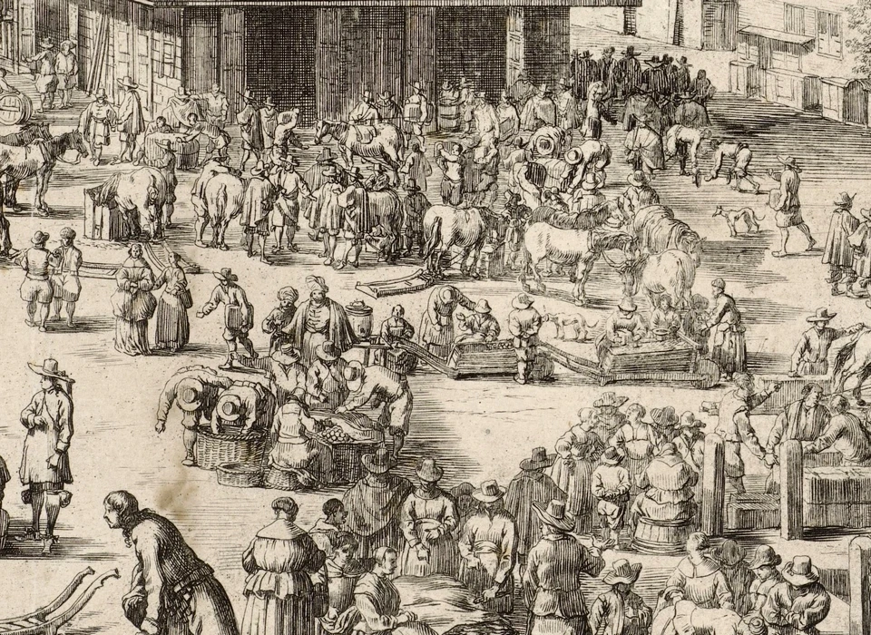 Drukte op de Dam (detail tekening Jacob van der Ulft, 1654)