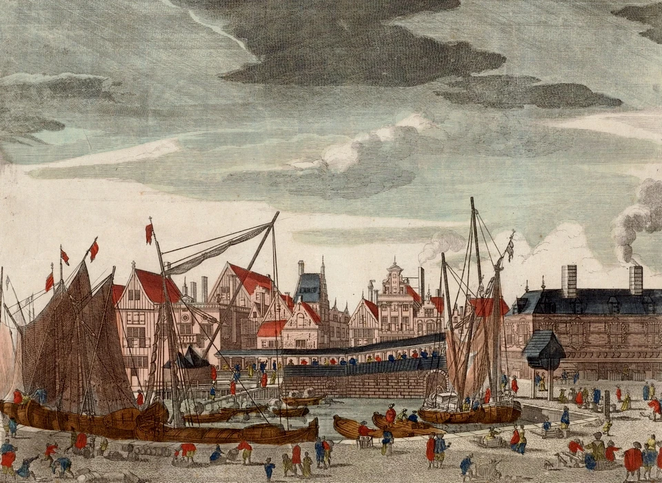 Dam zicht op de vismarkt vanaf stadhuis naar Warmoesstraat (1665)