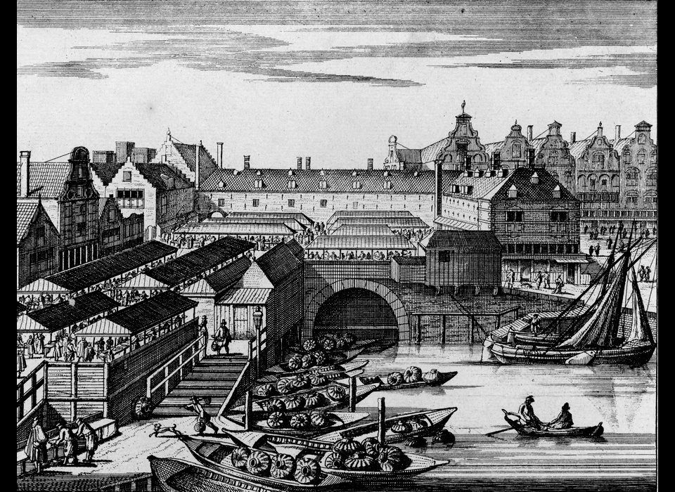 Dam Vismarkt gezien van Damrak (Pieter Schenk, 1710)