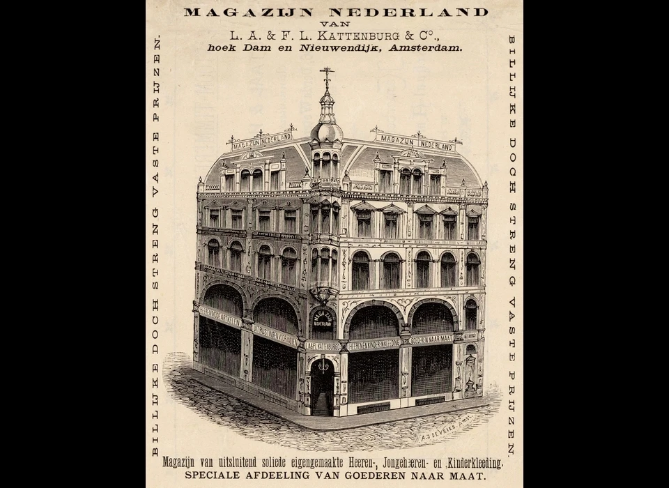 Dam 4 reclamekaart van Magazijn Nederland van de heren Kattenburg (1892)