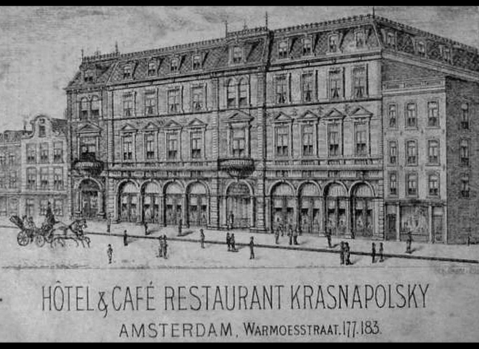 Getekend aanzicht van Krasnapolsky aan de Warmoesstraat 177-183 tussen Servetsteeg en Schoutensteeg (ca.1890)