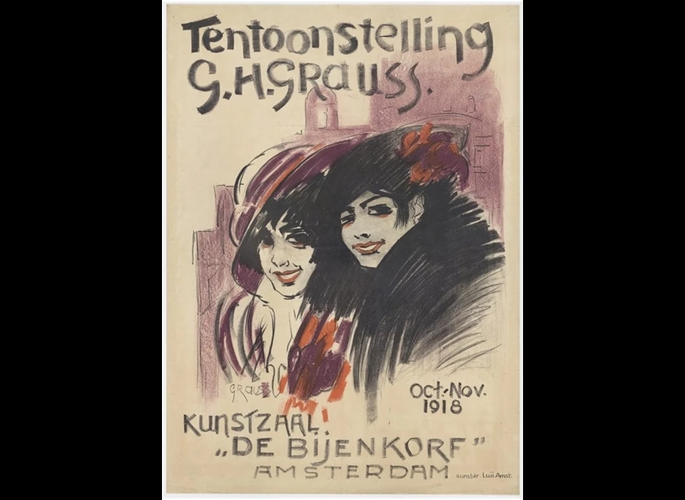 Dam 1 De Bijenkorf biedt kunstenaars tentoonstellingsruimte in de Kunstzaal. Hier de affiche voor G.H.Grauss. (1918)