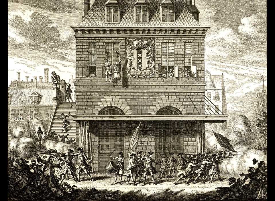 Pachtersoproer, executie van Piet van Dort en Mat van de Nieuwendijk op 28 juni 1748 door ophanging aan de Waag op de Dam (Simon Fokke 1777-1796)