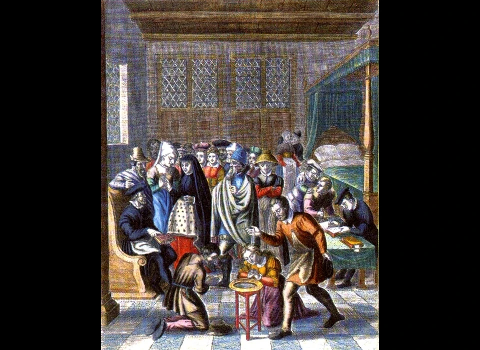 De wederdoop, prent uit ‘Tumultum anababtistarum liber unus’ van Lambertus Hortensius (1500/1501-1574) wellicht gebaseerd op schilderingen van Barend Dircksz in het stadhuis (verloren gegaan 1652)
