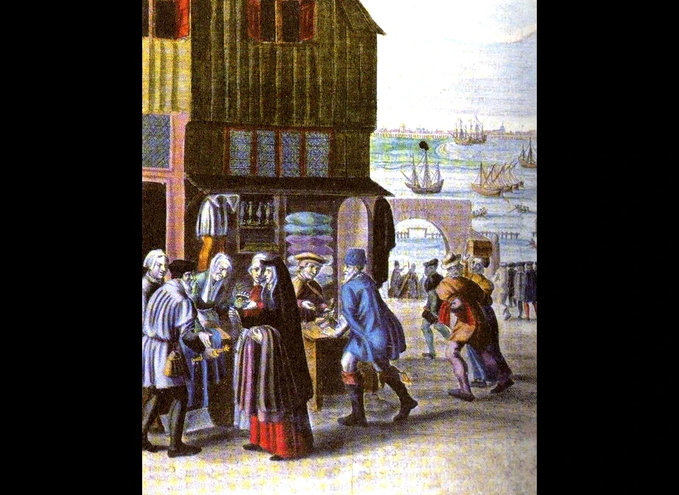 Wederdopers verkopen hun juwelen en kleding, prent uit ‘Tumultum anababtistarum liber unus’ van Lambertus Hortensius (1500/1501-1574) wellicht gebaseerd op schilderingen van Barend Dircksz in het stadhuis (verloren gegaan 1652)