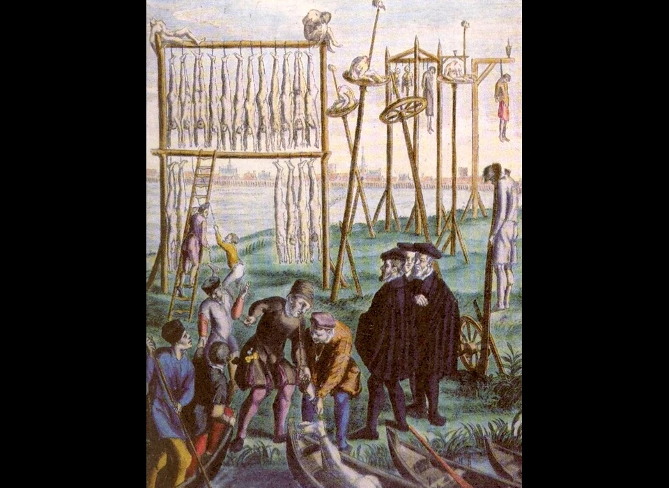 De wederdopers worden aan hun voeten opgehangen op het Galgenveld, prent uit ‘Tumultum anababtistarum liber unus’ van Lambertus Hortensius (1500/1501-1574) wellicht gebaseerd op schilderingen van Barend Dircksz in het stadhuis (verloren gegaan 1652)