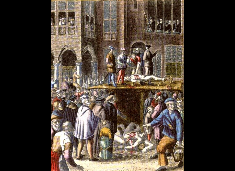 De terechtstelling van wederdopers voor het stadhuis, prent uit ‘Tumultum anababtistarum liber unus’ van Lambertus Hortensius (1500/1501-1574) wellicht gebaseerd op schilderingen van Barend Dircksz in het stadhuis (verloren gegaan 1652)