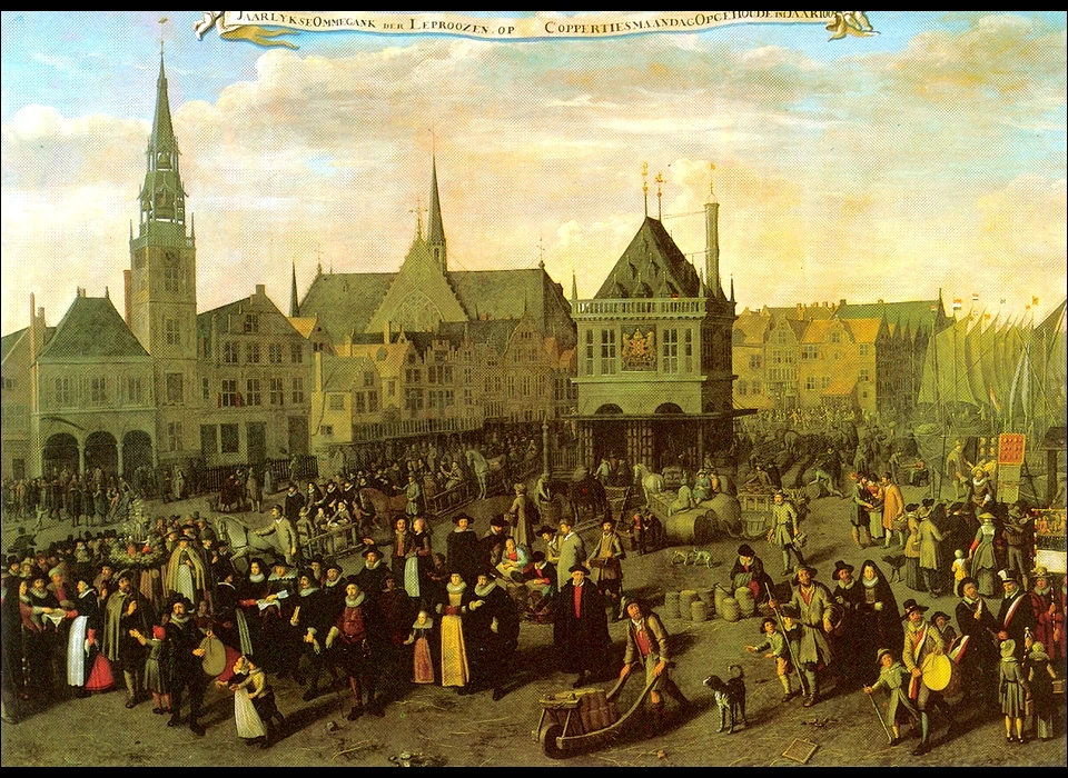 Dam Kopper(tjes)maandag leprozenoptocht (melaatsen) voor 1604 (schilderij 1633)