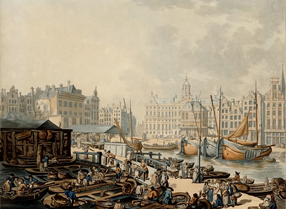De Engelse schilder Thomas Rowlandson maakte tijdens zijn bezoek aan Amsterdam een tekening van de bedrijvigheid op de vismarkt. (1797)