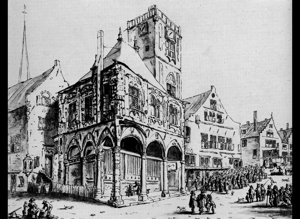 Dam het oude stadhuis met links de Vierschaar, rechts wordt een vrouw aan de kaak gesteld (W.Schellinks, 1640)