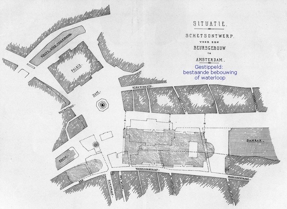 Dam, architect A.J.van Beek heeft in 1880 een nieuwe grotere beurs ingetekend op de Amstel aan het Damrak. In dit plan wordt de Amstel deels gedempt.